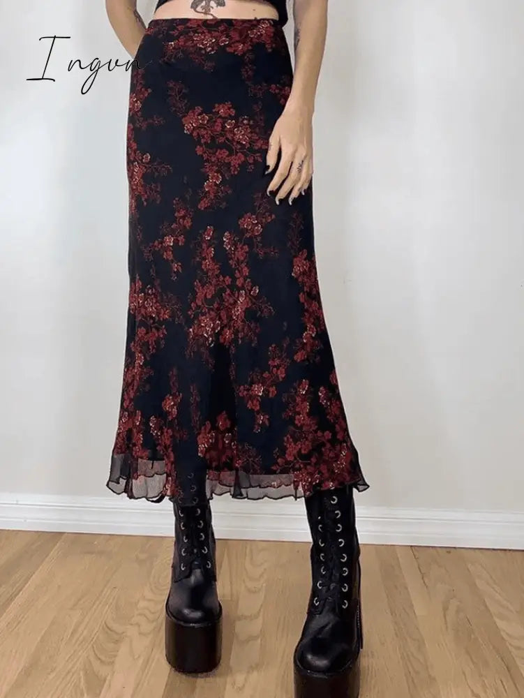 Mesh Paneled Floral Midi Skirt