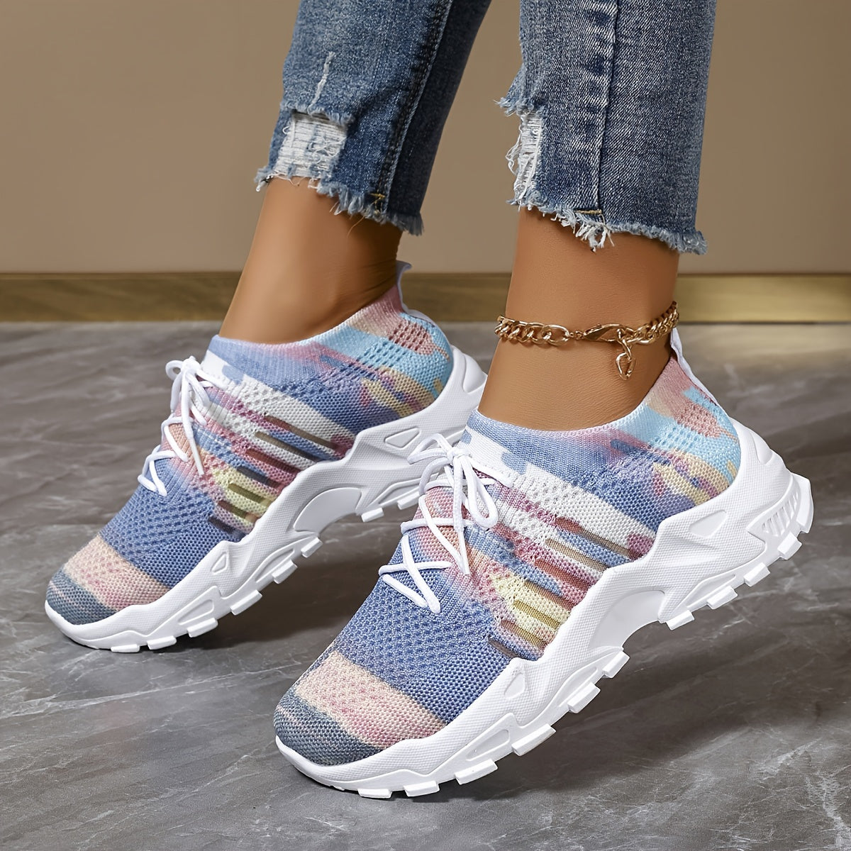 Women's Color Block Lightweight Mesh Sneakers, Low-Top Lace-up Casual Shoes, Breathable Comfortable Running Shoes