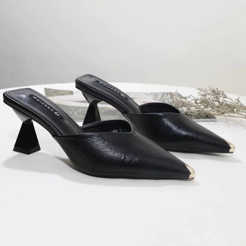 Ingvn  Summer  Black Slides Mules Women's Slippers and Ladies Sandals High Up To 5cm Heel Shoes Job Leather on Promotion Footwear F