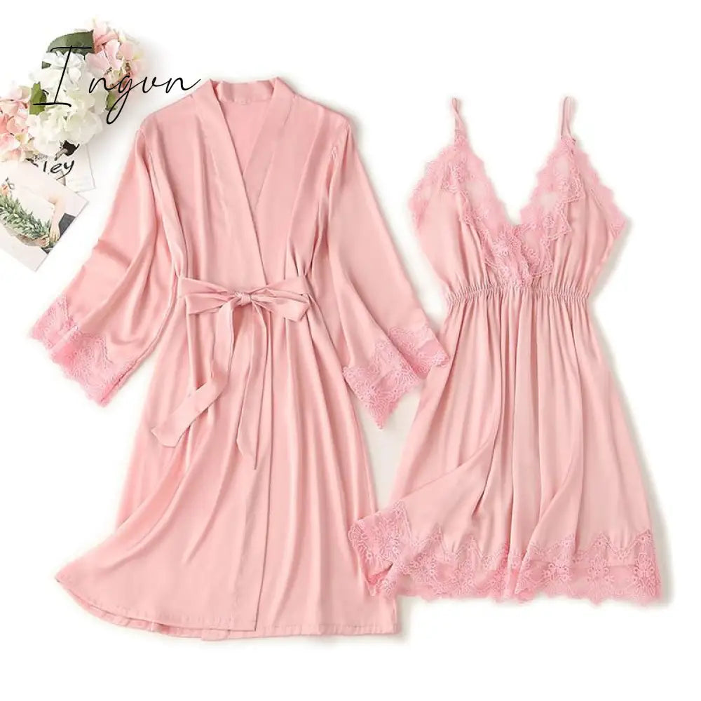 Ingvn - Lace Trim Sexy Wedding Lady Robe Suit Loose Satin Bride Bridesmaid Kimono Bathrobe Gown Mini Sleepwear Rayon Intimate Lingerie