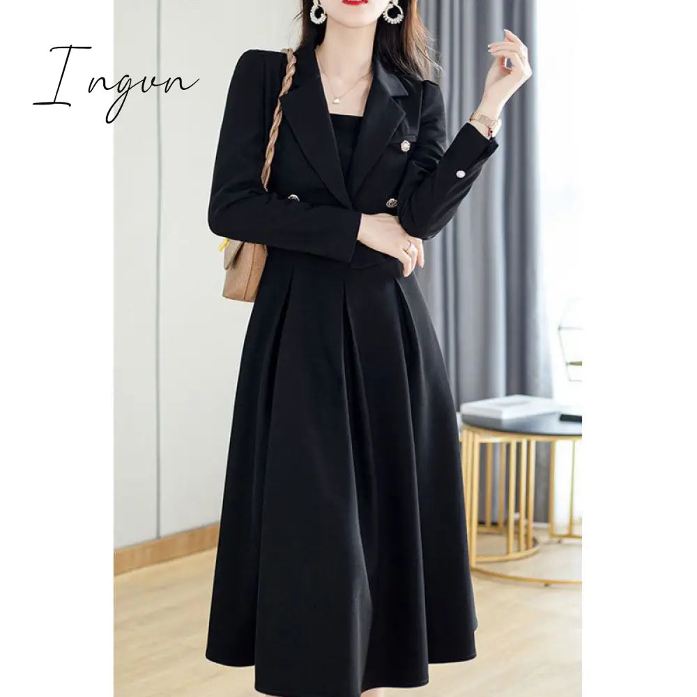 Ingvn - Autumn Korea Elegant Women Black Office Hepburn Suit Dress Casual Lapel  Blazer Coat Classic High Waist Strap Pleated Dress 3XL