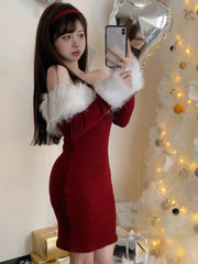 Y2K Sweet Mini Dress Kawaii Off Shoulder Slash Neck Faux Collar Christmas Birthday Party Dresses Slim Vestidos Female Clothing