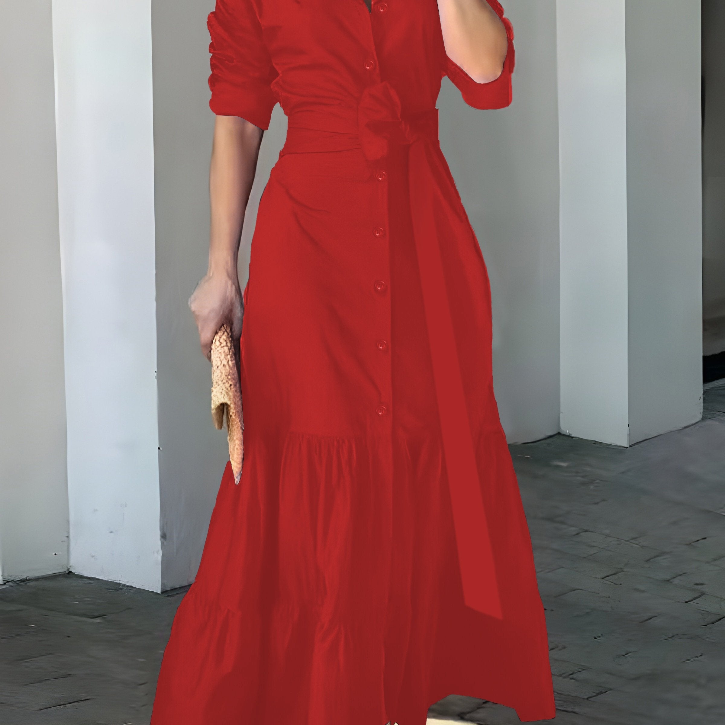 Stunning Ruffled Maxi Dress - Solid Button Front, Belted Waist, Elegant Ruched Sleeve, Flowy Design, Women's Clothing for Special Occasions