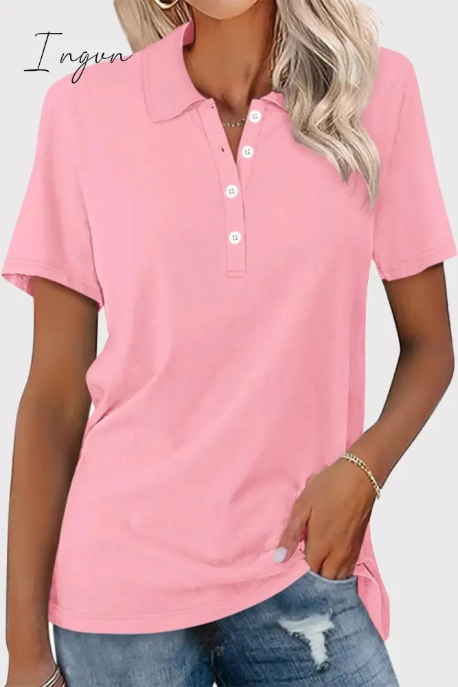 Ingvn - Casual Simplicity Solid Buckle Turndown Collar T-Shirts