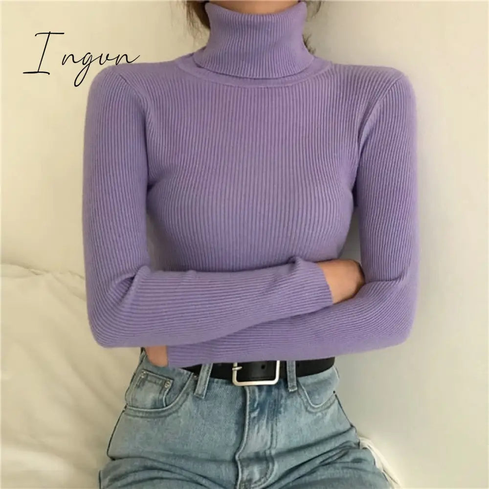 Ingvn - Autumn Winter Knitted Sweater Pullovers Turtleneck Sweater for Women Long Sleeve White Black Soft Female Jumper Clothing