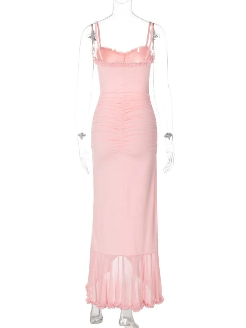 Ingvn  Woman Clothing  Summer Sexy Hollow Out Ruched Mesh Evening Dress Female Sleeveless Irregular Slim Long Party Dresses Pink