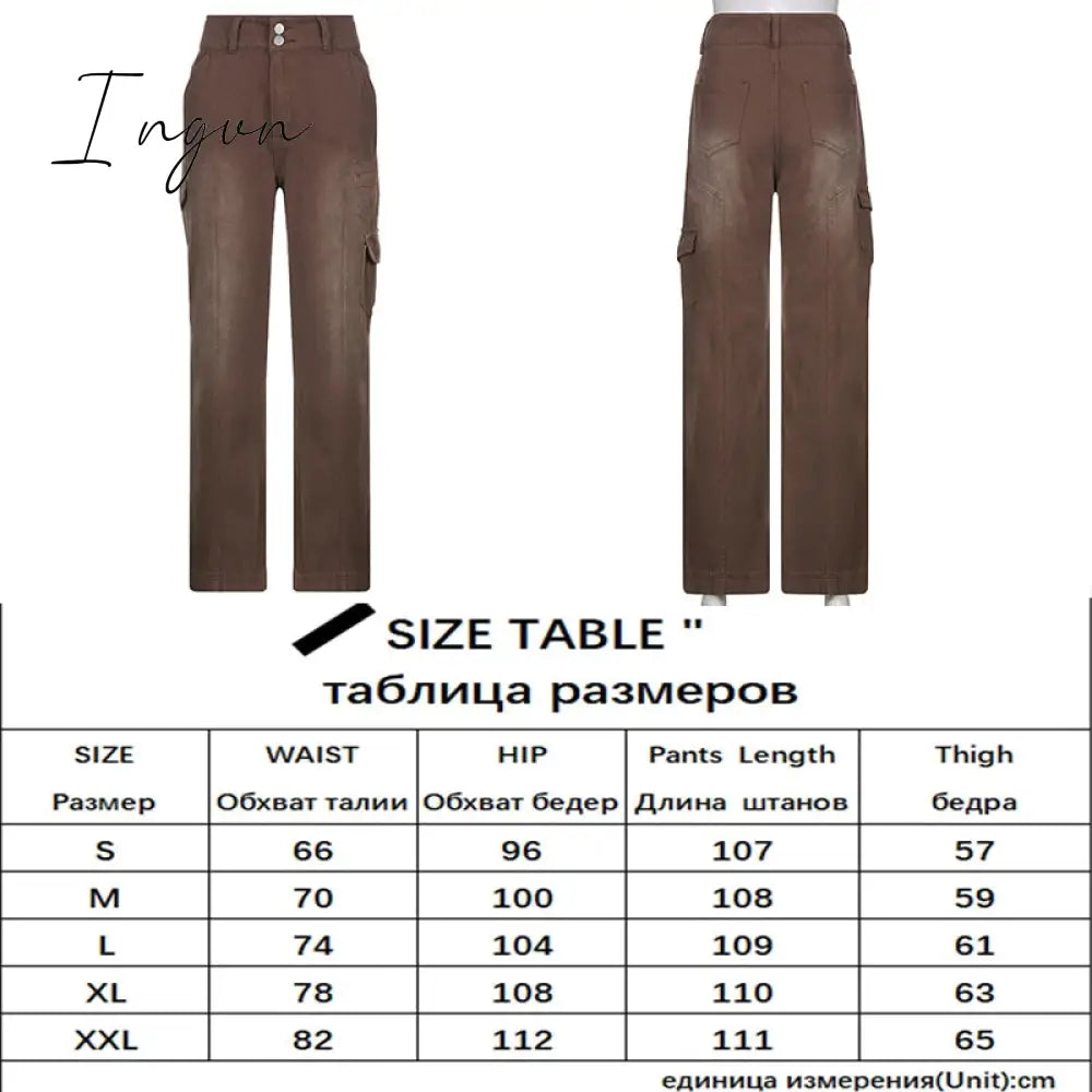 Ingvn - Womens Fashion Trends Pockets Patchwork Baggy Jeans Fashion Streetwear 100% Cotton Women Denim Trouser Loose Cargo Pants Korean Jeans Harajuku