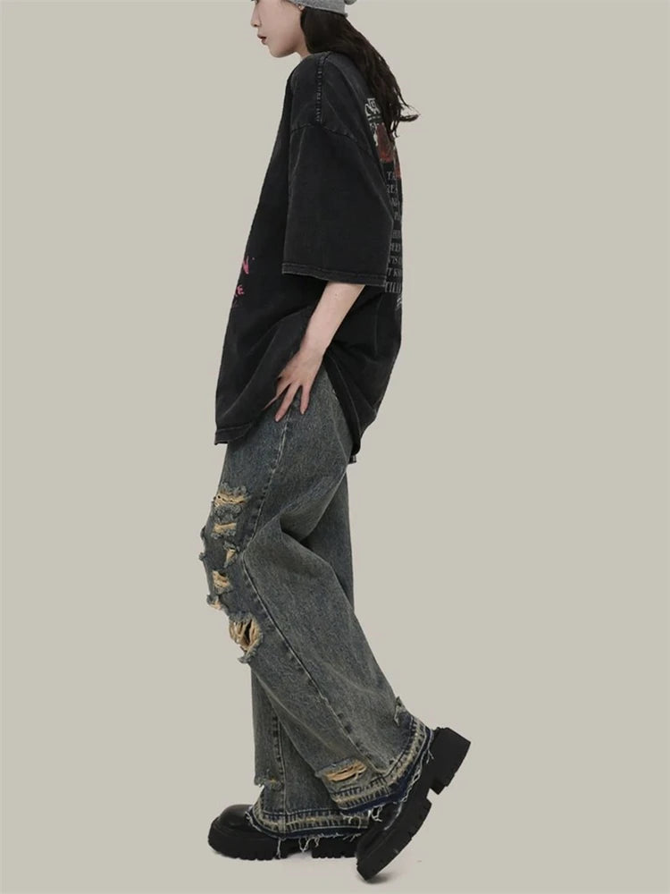 Ingvn  Women's Vintage Distressed Neutral Jeans Cool Girl High Waist Wide Legs Thin Pants Female Casual Straight Blue Denim Trousers