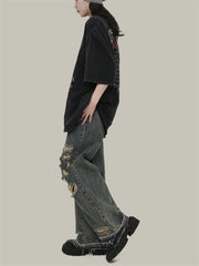 Ingvn  Women's Vintage Distressed Neutral Jeans Cool Girl High Waist Wide Legs Thin Pants Female Casual Straight Blue Denim Trousers