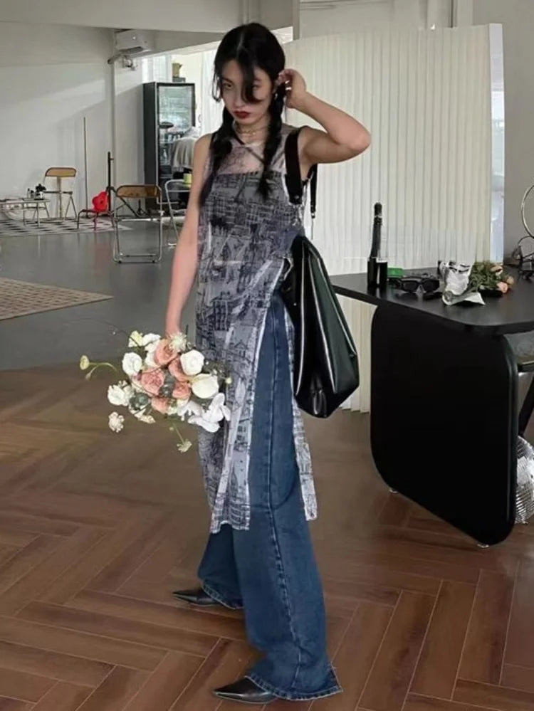 Summer Korean Fashion See Through Women Dress Y2k Aesthetic Newspaper Print O Neck Dresses Harajuku Vintage Sleeveless Vestidos