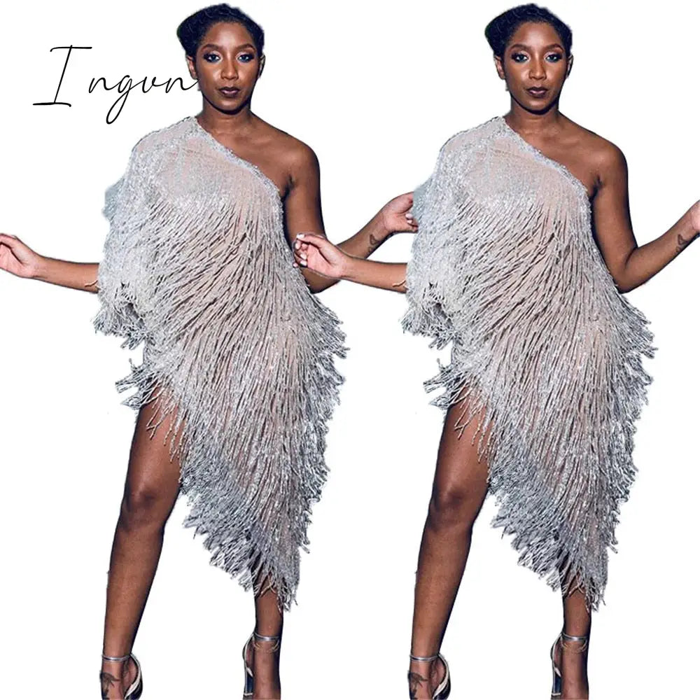Ingvn - Elegant One Shoulder Celebrity Evening Runway Party Dress Women Fringe Tassels Asymmetrical Club Dress Robe Vestidos De Fiesta