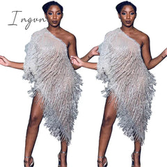 Ingvn - Elegant One Shoulder Celebrity Evening Runway Party Dress Women Fringe Tassels Asymmetrical Club Dress Robe Vestidos De Fiesta