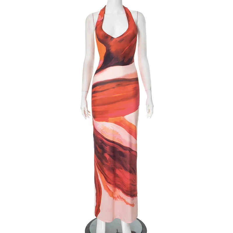 Halter Deep V Neck Print Sexy Maxi Dress For Women Fashion Lace-up Sleeveless Backless Bodycon Printed Long Dress