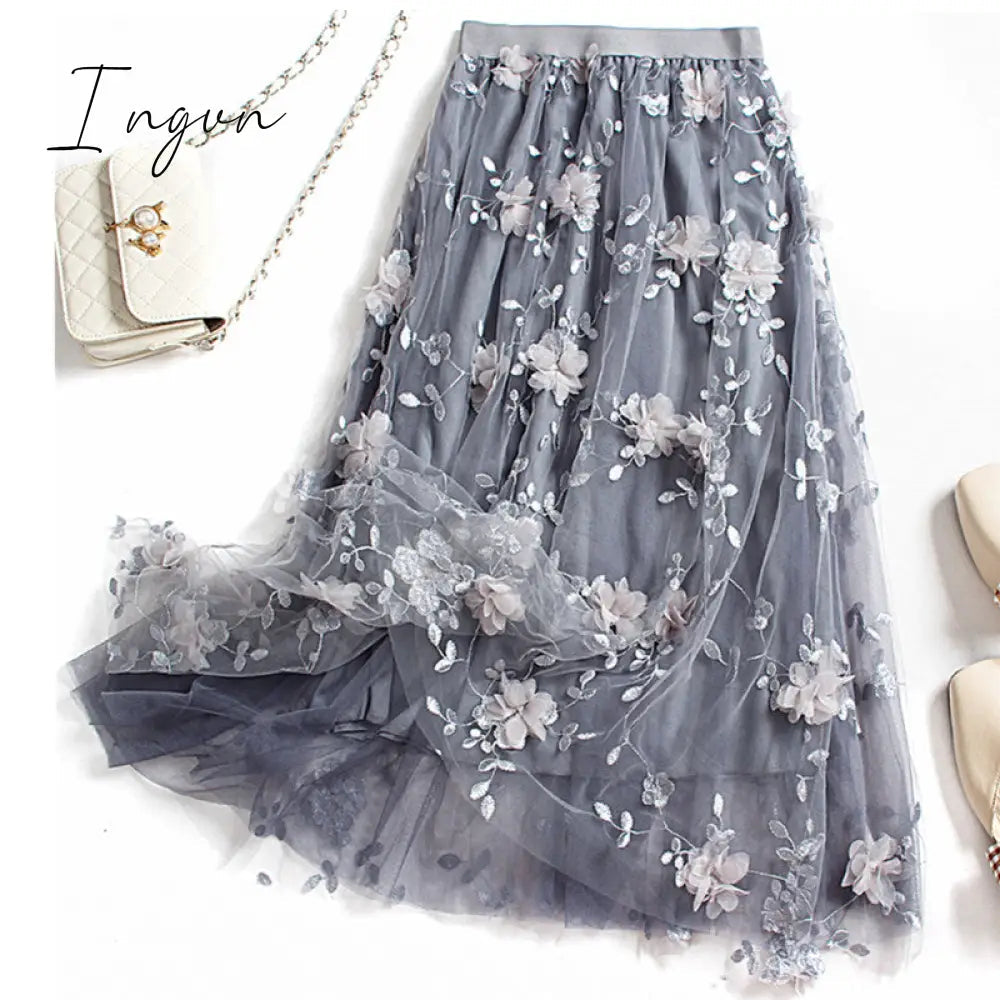 Ingvn - Luxury Woman Skirts Korean style Fashion Elastic Waist Appliques Embroidery Floral Mesh Skirt Long Gauze Ball Gown Skirt