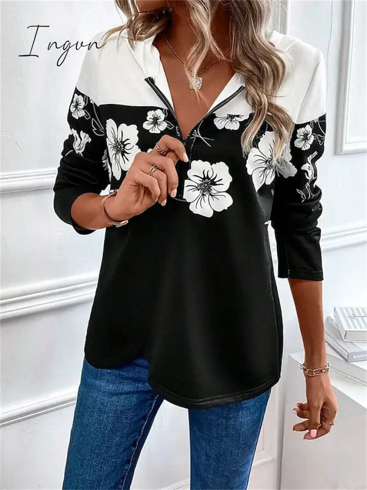Ingvn - Women's Hoodie Sweatshirt Pullover Basic Quarter Zip Black Floral Casual Hoodie Long Sleeve Top Micro-elastic Fall & Winter