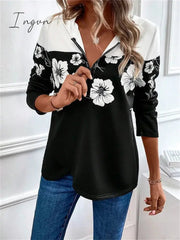Ingvn - Women's Hoodie Sweatshirt Pullover Basic Quarter Zip Black Floral Casual Hoodie Long Sleeve Top Micro-elastic Fall & Winter