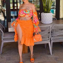 Summer Beach Style Two Piece Set Women Fashion Sexy Printed Off The Shoulder Tube Top Fold Lace-up Slit Skirt 2 Piece Suit Women