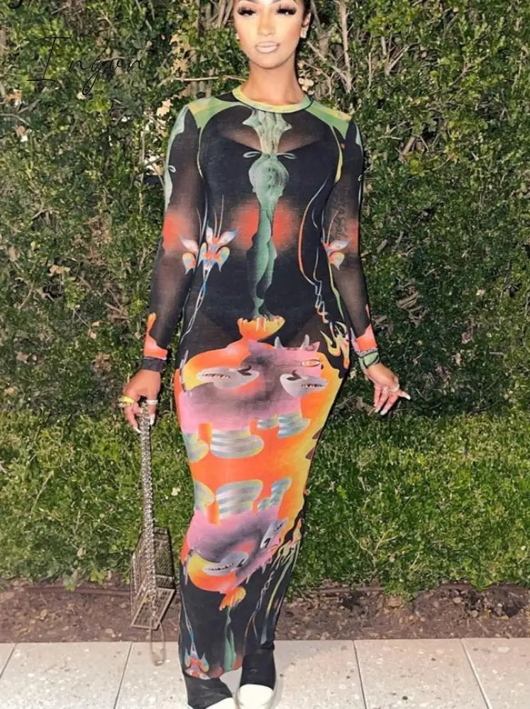 Ingvn - Print Long Sleeves Graphic Patchwork Sexy Slim Maxi Prom Dress Fall Women New Casual Streetwear Party Y2K Clothes