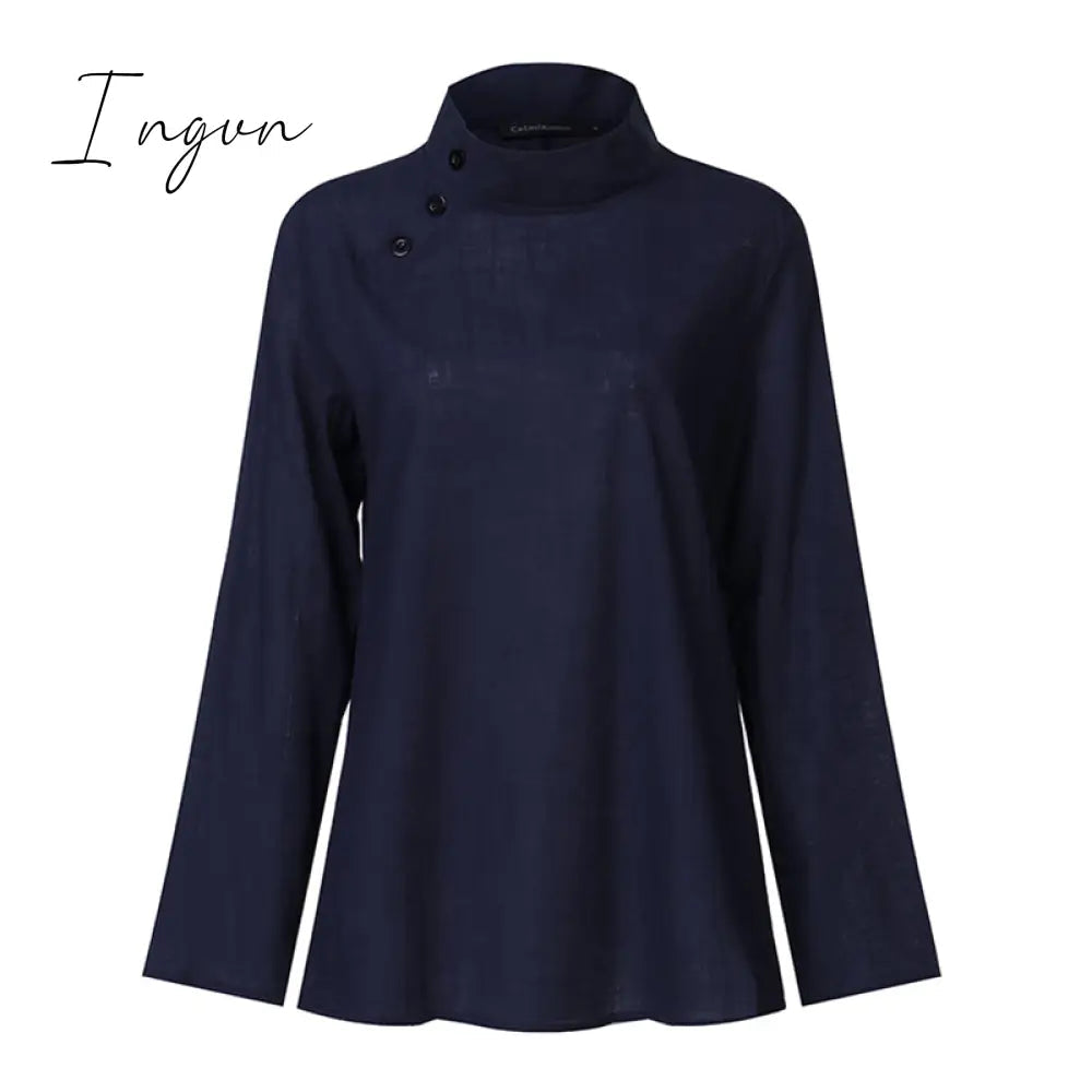 Ingvn - New Stylish Tunic Tops Plus Size Women Short Sleeve Summer Blouses Buttons Solid Cotton Linen Tops Casual Loose Blusas Femme