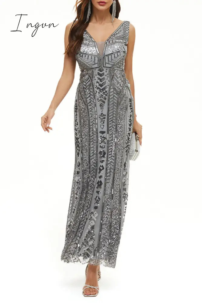 Ingvn - Elegant College Patchwork Sequins V Neck Evening Dress Dresses