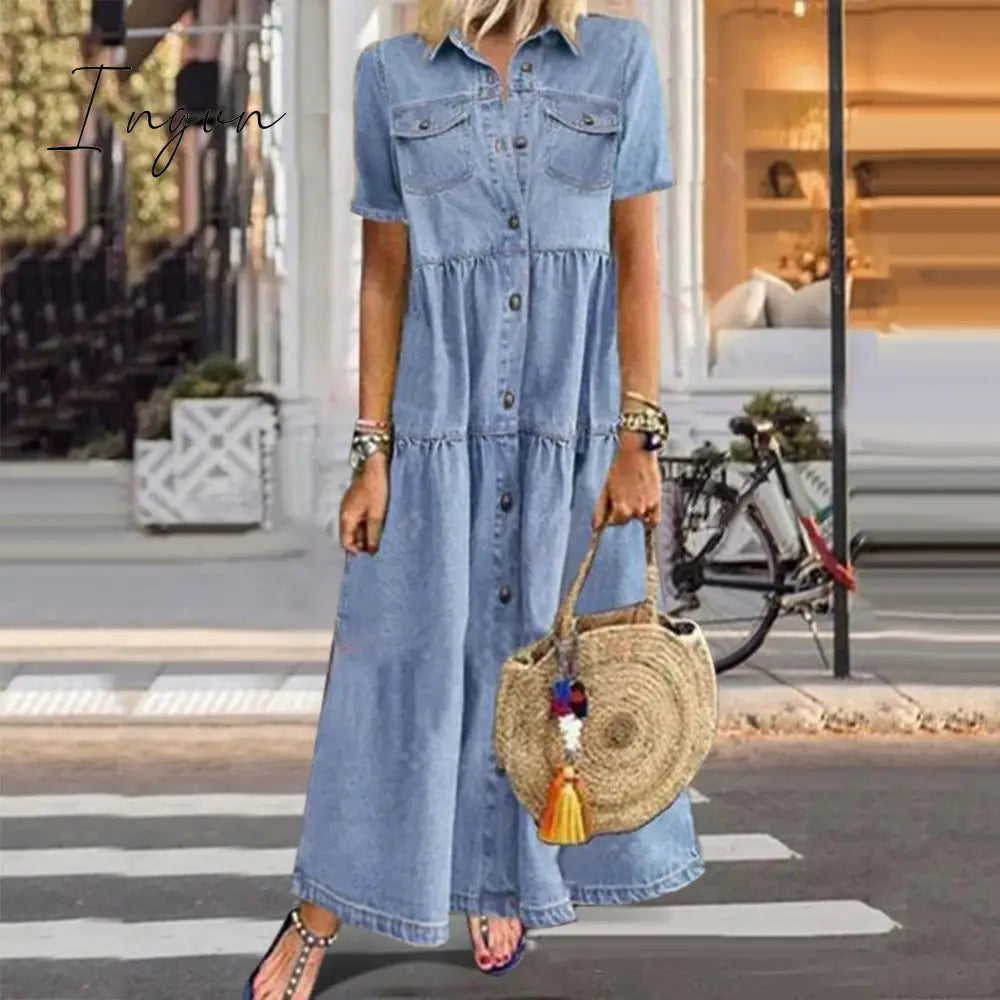 Ingvn - Plus Size 3xl Women Summer Denim Dress Retro Women Short Sleeve Turn Down Collar Pockets Button Long Loose Denim Dress