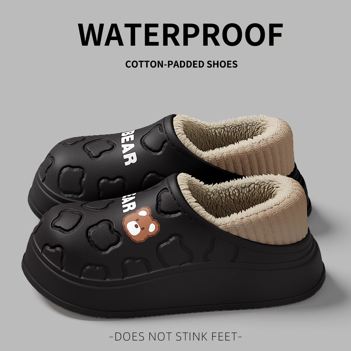 Cozy Winter Bear Slippers - Cute Cartoon Waterproof, Plush Lined EVA, Indoor/Outdoor Comfort