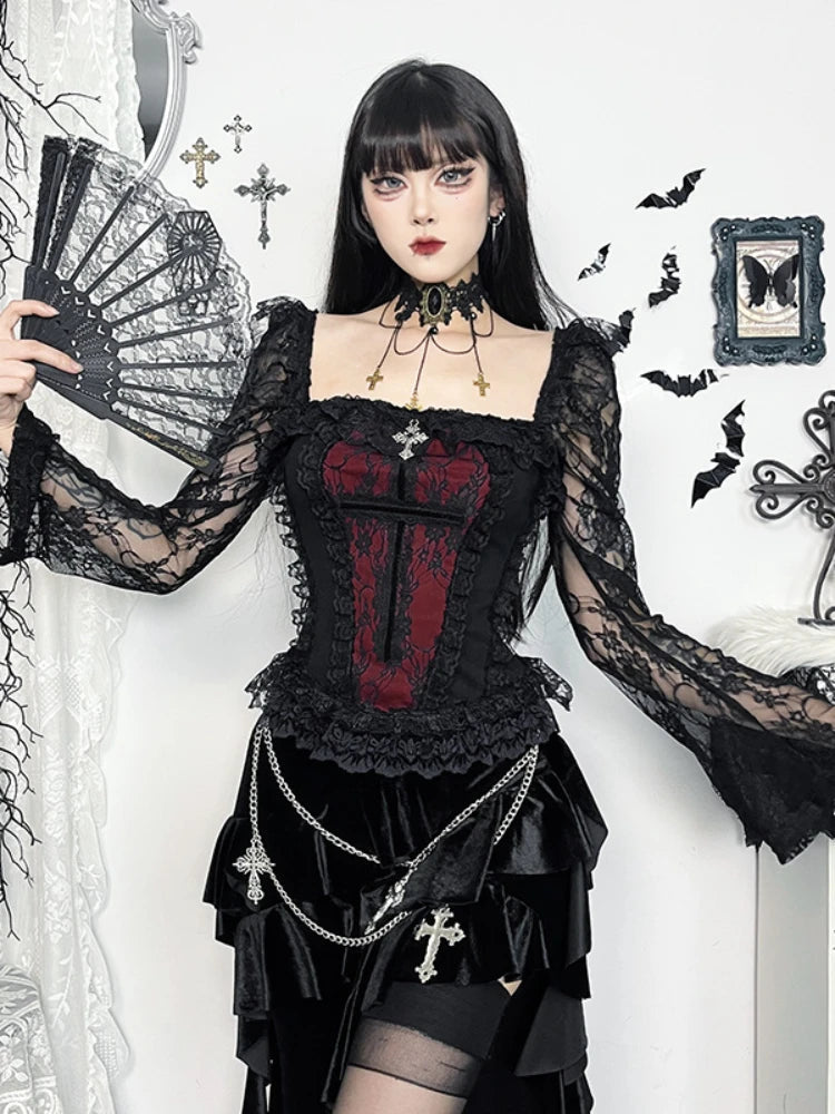 Mall Gothic Vintage Lace T-shirt Women Palace Style Sexy Cross Lace Patchwork Square Collar Flare Sleeve Crop Tee Tops