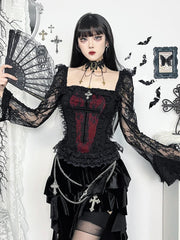Mall Gothic Vintage Lace T-shirt Women Palace Style Sexy Cross Lace Patchwork Square Collar Flare Sleeve Crop Tee Tops