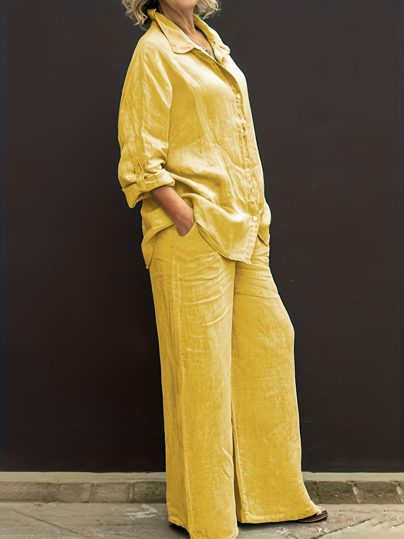 Two-Piece Solid Color Chic Pantsuit Set - Women's Casual Long Sleeve Shirt & Elastic Waist Pants Outfits with Comfortable Fabric and Versatile Style for Daily Wear