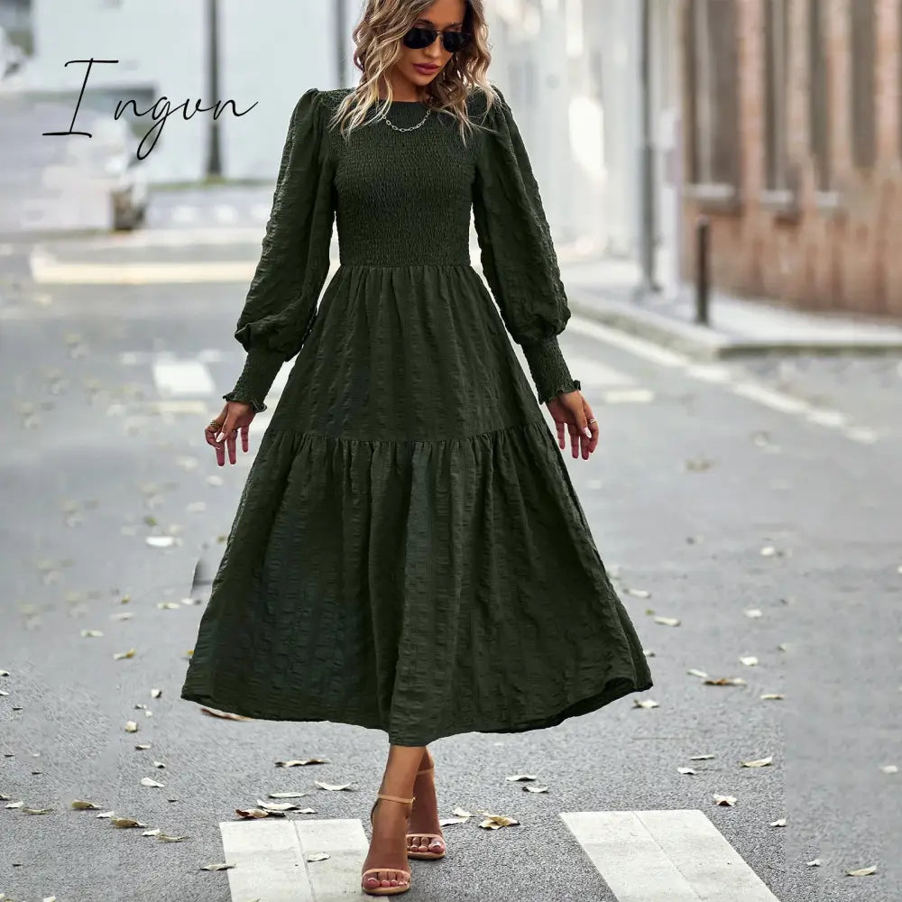Ingvn - 2023 Spring Casual O Neck Lantern Sleeve Dress Women Loose Elegant Solid A-line Dress Lady Simple High Waist Klein Blue Dress