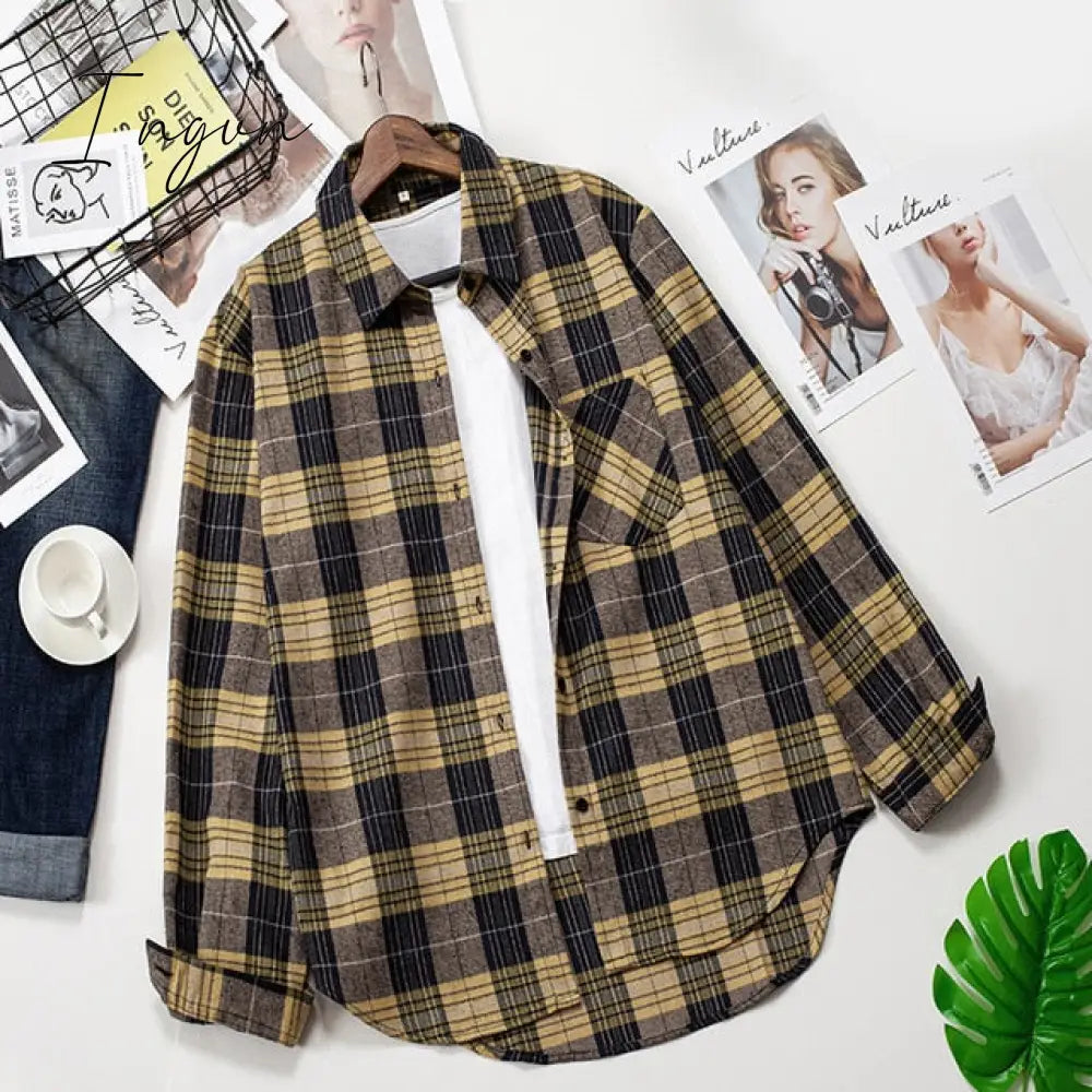 Ingvn - Plaid Shirts Women Top And Blouses Long Sleeve Oversized Cotton Ladies Casual Blusas One Pocket Loose Female Checked Shirt