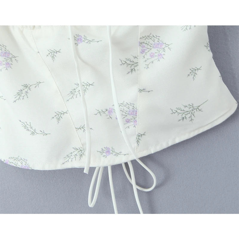 Lace Trim Floral Print Sweet Camis Women Lacing Up Bandage Back Summer Tops French Style Retro Holiday Tank Top