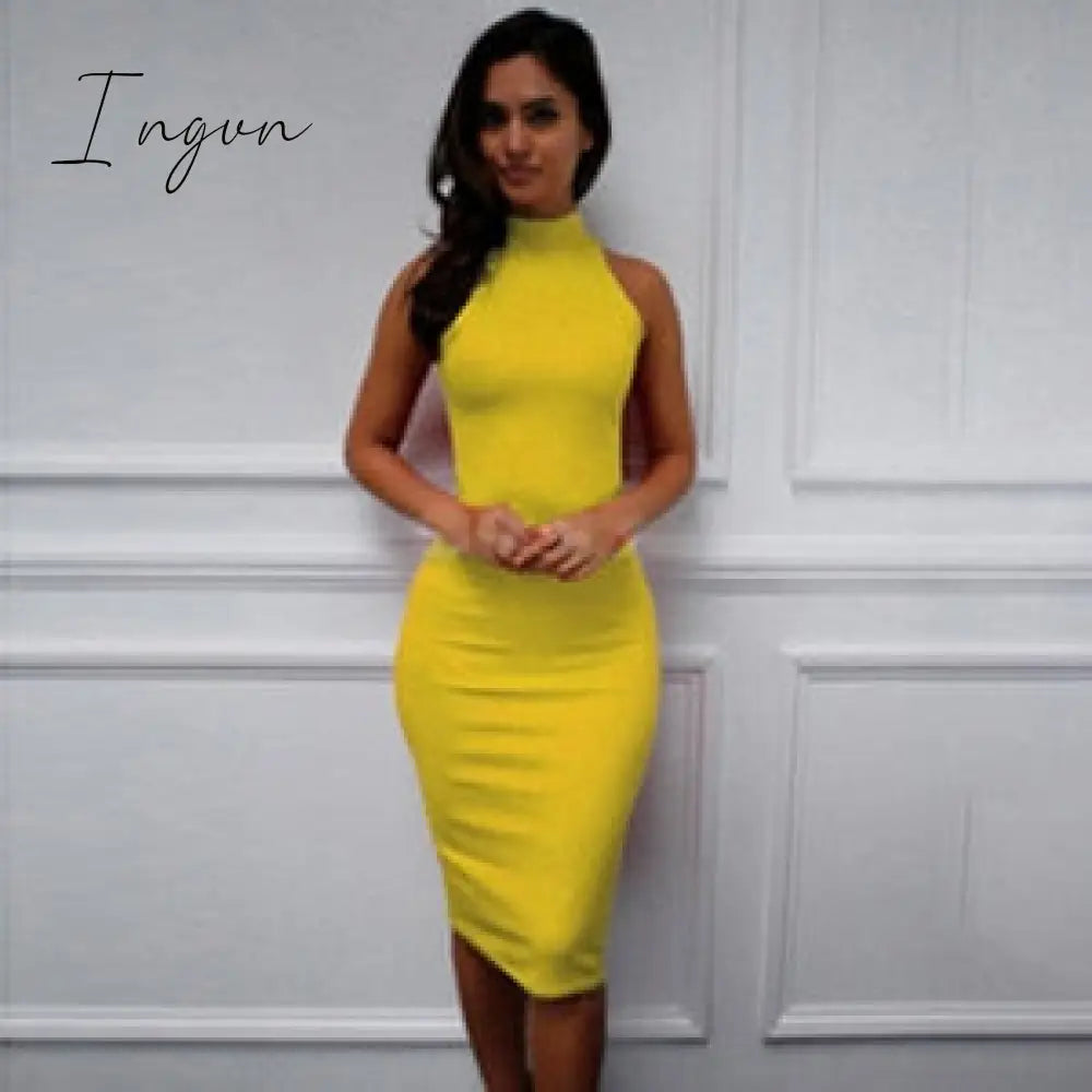 Ingvn - Spring Summer Fashion Turtleneck Sleeveless Elegant Pencil Dress Women Sexy Club Party Bodycon Bandage Slim Dress Vestido