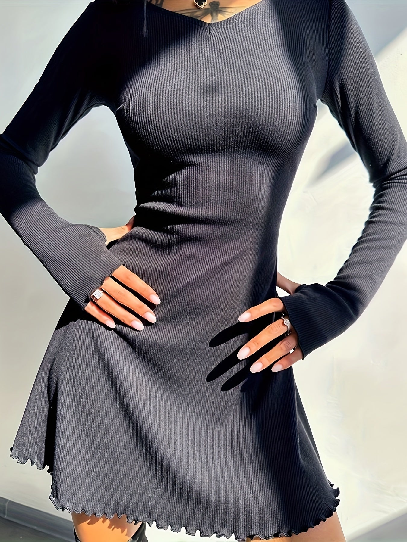 Vibrant Solid Lettuce Trim Crew Neck Dress - Flattering A-Line Silhouette, Casual Long Sleeve Design, Soft Fabric, Perfect for Spring & Fall, Womens Clothing for Everyday Wear