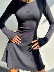 Vibrant Solid Lettuce Trim Crew Neck Dress - Flattering A-Line Silhouette, Casual Long Sleeve Design, Soft Fabric, Perfect for Spring & Fall, Womens Clothing for Everyday Wear