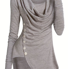 Solid Cowl Neck Bodycon Dress, Elegant Long Sleeve Asymmetrical Dress, Women's Clothing
