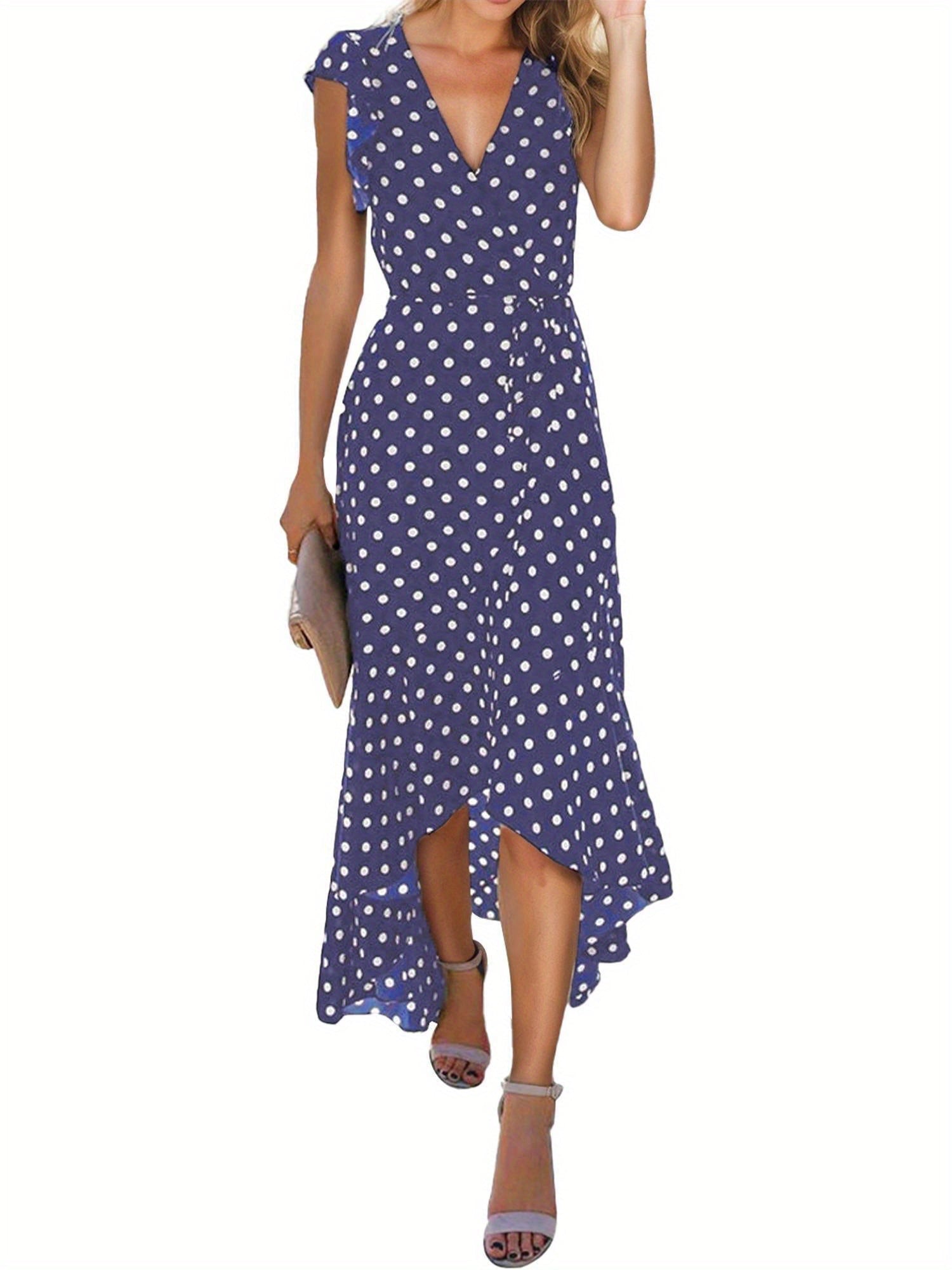 Women's A-Line Dot Polka Print Long Dress V-Neck Wedding Guest, Graduation, Party Maxi Dress