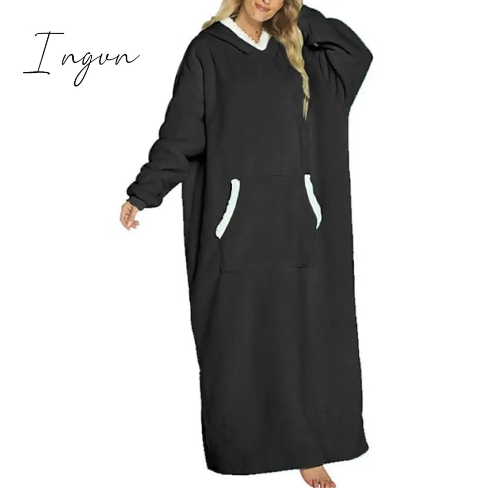 Ingvn - Women's Pajamas Nightgown Wearable Blanket Hoodie Blanket Pure Color Warm Comfort Oversized Home Daily Bed Fleece Hoodie Long Sleeve Hoodie Winter Fall Lake blue Deep Pink