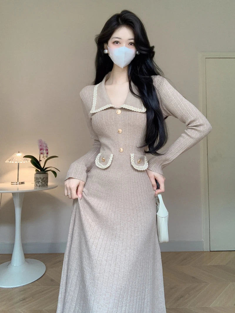 Autumn Winter Vintage Knitted Midi Dresses for Women Elegant Fashion Turn Down Collar Long Sleeves Sweater Female Clothing