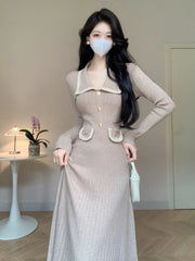 Autumn Winter Vintage Knitted Midi Dresses for Women Elegant Fashion Turn Down Collar Long Sleeves Sweater Female Clothing
