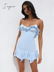 Ingvn - Elegant Flower Ruffle Mini Dress Women Robe Spaghetti Strap Off-shoulder Backless Bodycon Beach Holiday Party Dress