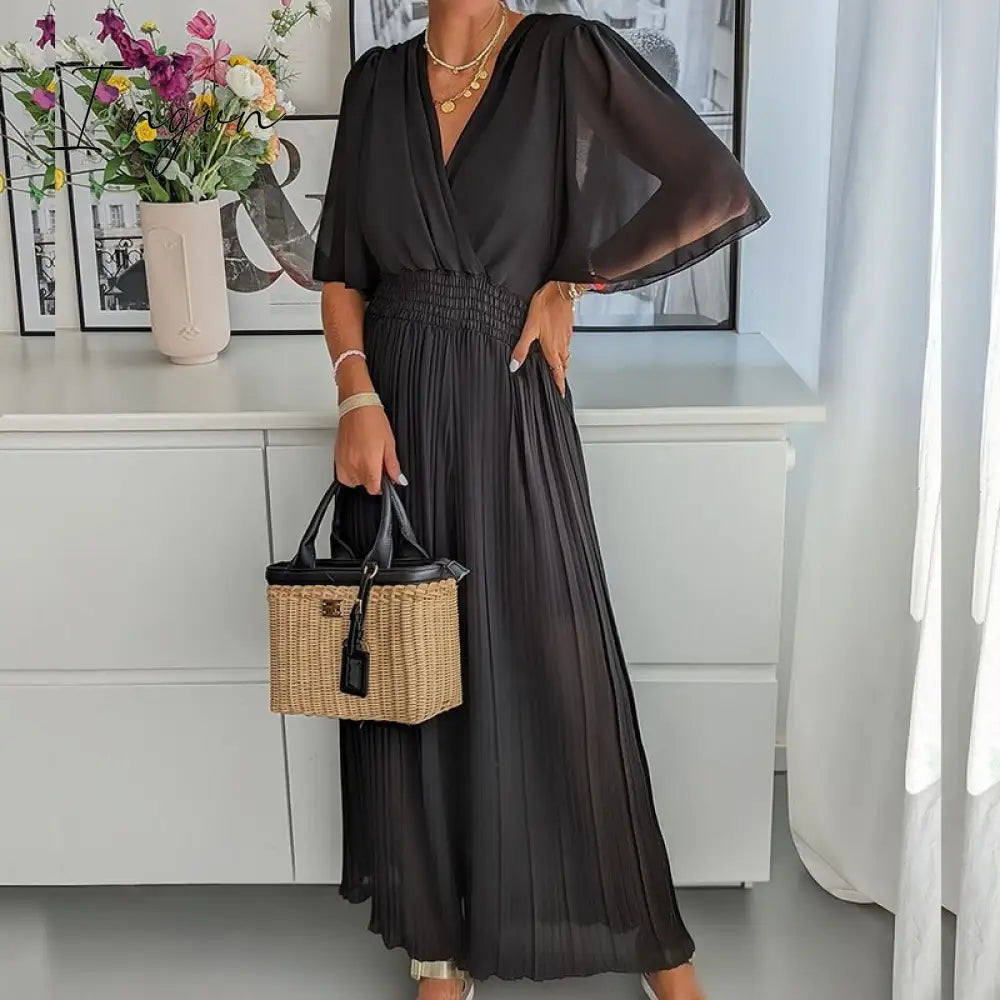 Ingvn - Women V Neck Short Sleeve Office Romper Elegant Casual Solid Color Long Jumpsuits Fashion Simple Elastic Waisted Pleated Rompers