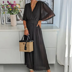 Ingvn - Women V Neck Short Sleeve Office Romper Elegant Casual Solid Color Long Jumpsuits Fashion Simple Elastic Waisted Pleated Rompers