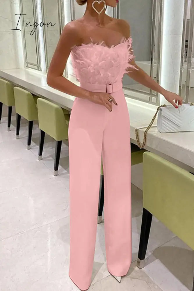 Ingvn - Sexy Feathers With Belt Strapless Jumpsuits(5 Colors)