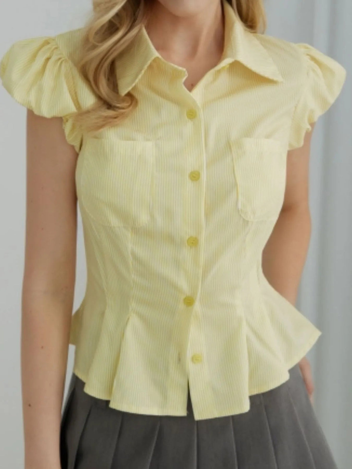 Striped Puff Sleeve Button-Up Shirt
