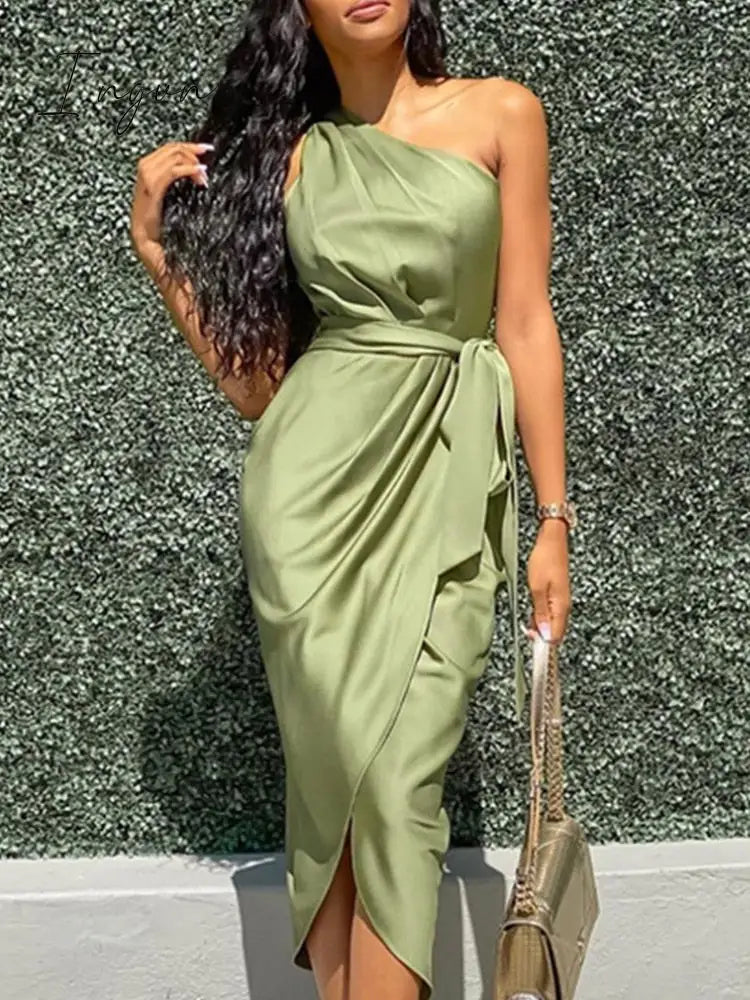 Ingvn - Office Elegant V Neck Strap Long Dress Women Sexy Sleeveless Irregular Party Dress Fashion Tie-up Wrap Solid Satin Maxi Dresses