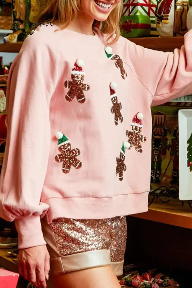 Ingvn - Casual Sweet Santa Claus Sequins Patch O Neck Tops