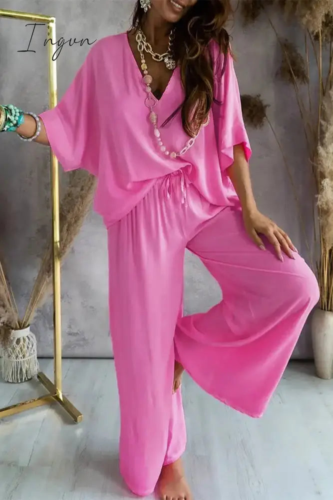 Ingvn - Casual Print Patchwork V Neck Half Sleeve Two Pieces(9 Colors)