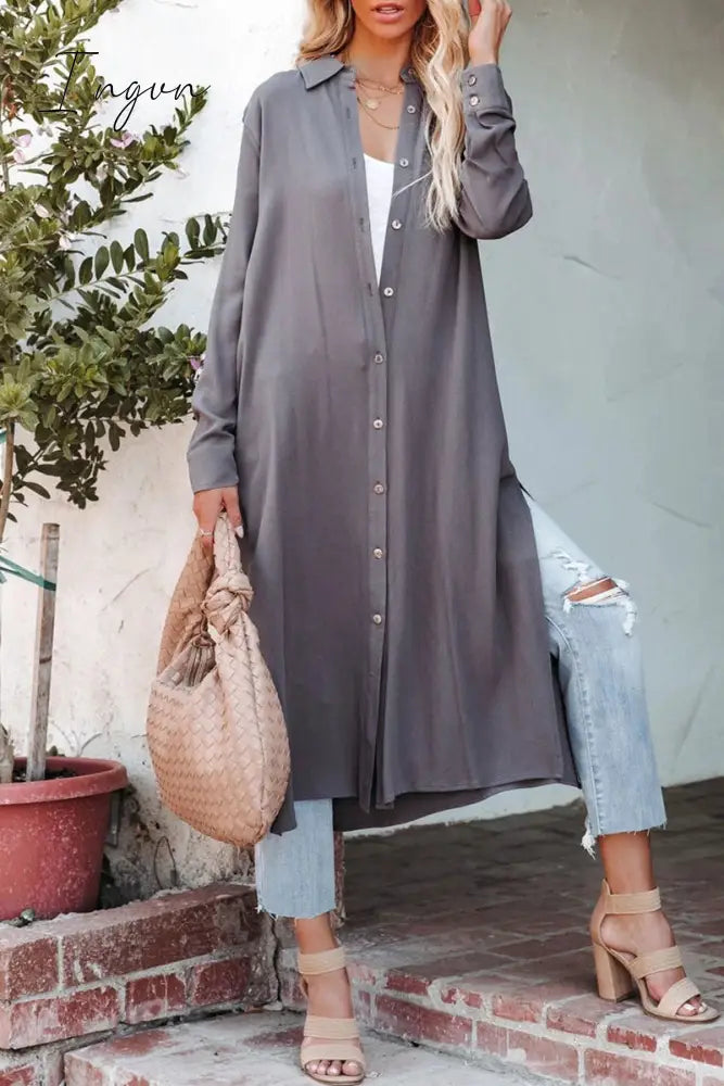 Ingvn - Casual Simplicity Solid Slit Turndown Collar Tops