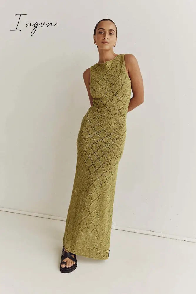 Ingvn - Mesh Dress For Women Sexy Club Solid Sleeveless Hollow Out Knitted Split Long Vestidos Summer Beach Holiday